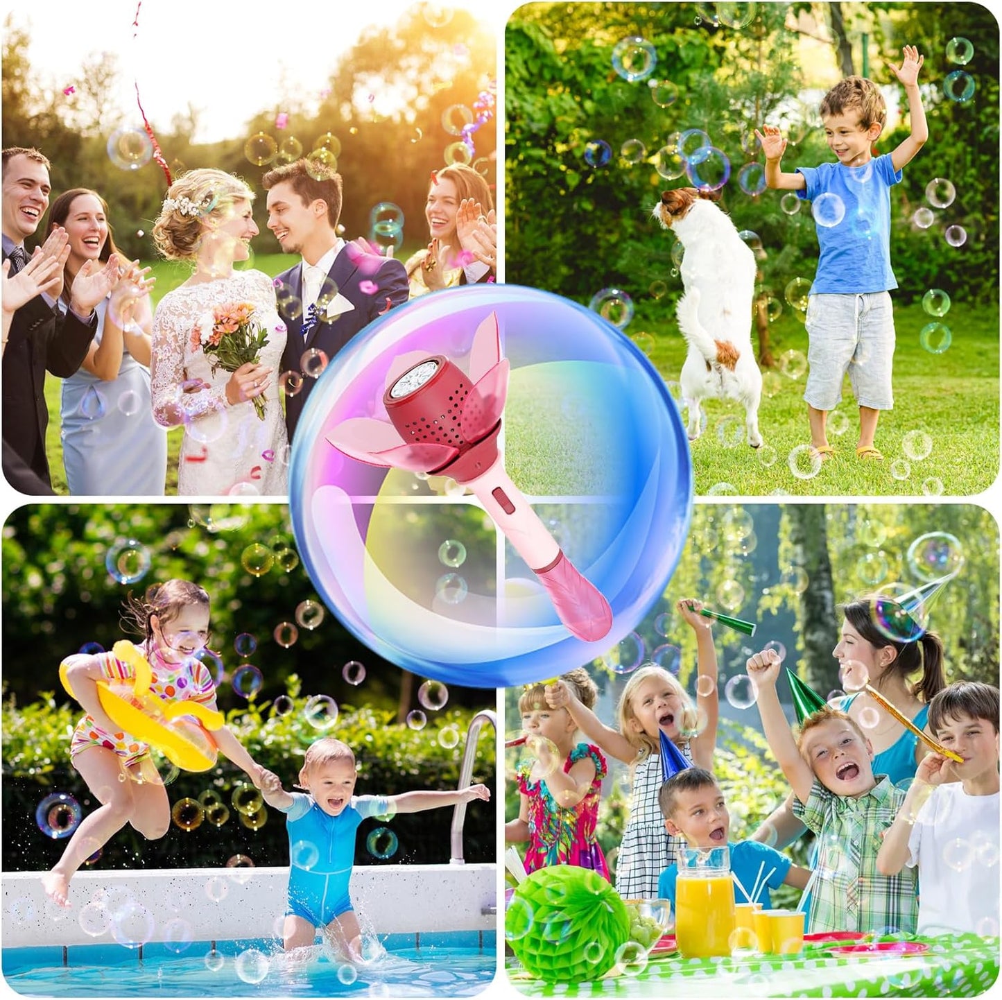 Adofi Electric Bubble Wand for Kids, Light Up Automatic Bubble Machine Blower with Lights/10000+ Bubbles/120ml Solution, Rechargeable Flower Bubble Wand Maker Toys for Outdoor Party Wedding
