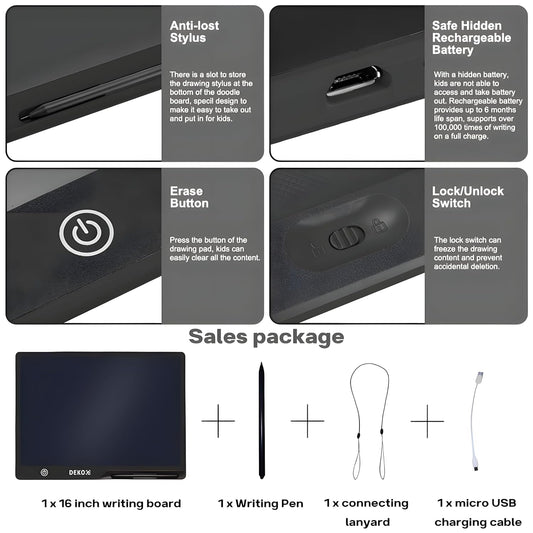 Dekoq LCD Writing Tablet for Kids 16 Inch, Toys for Girls Boys Drawing Pad for 3 4 5 6 7 8 Year Old Kid, Toddler Rechargeable Doodle Board Travel Essentials for Children (Black)