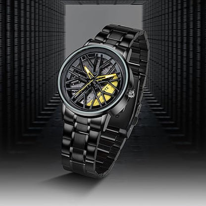 Spinning Car Wheel Dial with Black Coated Stainless Steel Chain & Butterfly Double Snap Lock for Men & Boys