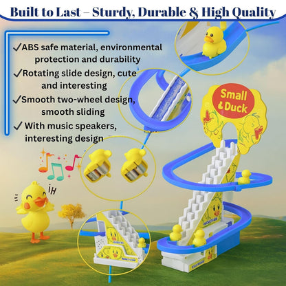 Ducks Slide Toy Set with 2 Cells Stair Climbing Duck Track Toy Light Musical 3 Duckling Moving Escalator Automatic Cartoon Chasing Race Gift Toys for 1+ Kids 1-5 Years Baby Girls Toddlers