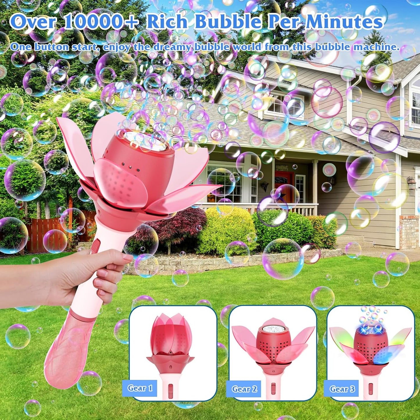 Adofi Electric Bubble Wand for Kids, Light Up Automatic Bubble Machine Blower with Lights/10000+ Bubbles/120ml Solution, Rechargeable Flower Bubble Wand Maker Toys for Outdoor Party Wedding