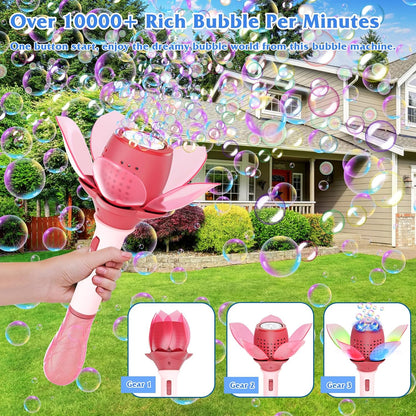 Adofi Electric Bubble Wand for Kids, Light Up Automatic Bubble Machine Blower with Lights/10000+ Bubbles/120ml Solution, Rechargeable Flower Bubble Wand Maker Toys for Outdoor Party Wedding
