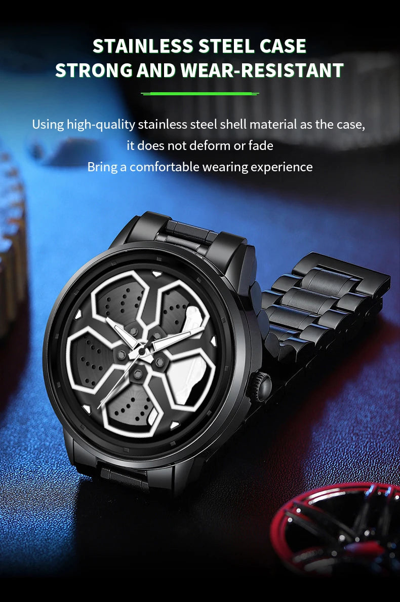 Watch Men Quartz Movement Black Stainless Steel Strap Watch Fashion Sports Style Rotating Dial Top Men Clock