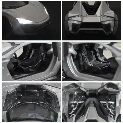 Adofi 1:36 Scale Die-Cast Lykan Hyper Sport Metal Pullback Car Toy With Openable Doors, Lights, And Sounds For Boys Gift,Grey